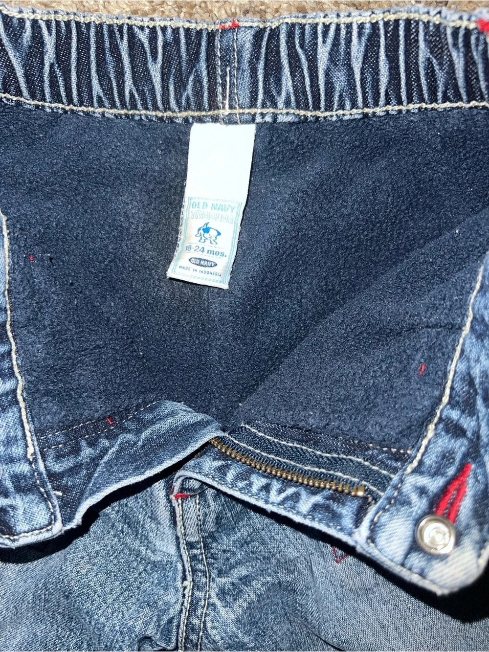 Y2K Old Navy Fleece Lined Denim Relaxed Fit Elastic Waist Red Stitch 18-24m